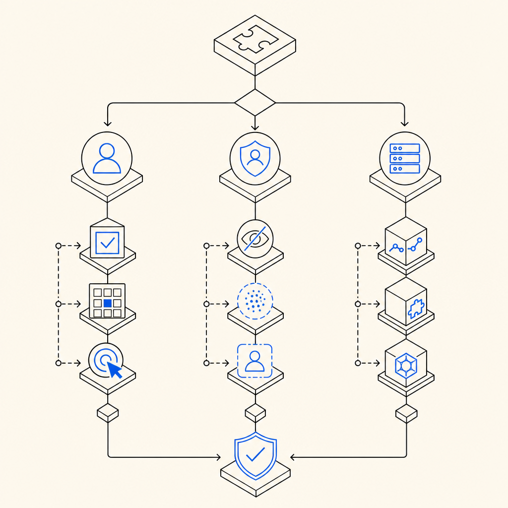 abstract decision tree comparing CAPTCHA options by UX, privacy, and server vali