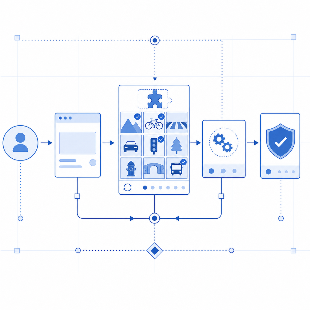 abstract UX flow illustrating captcha challenge to validation