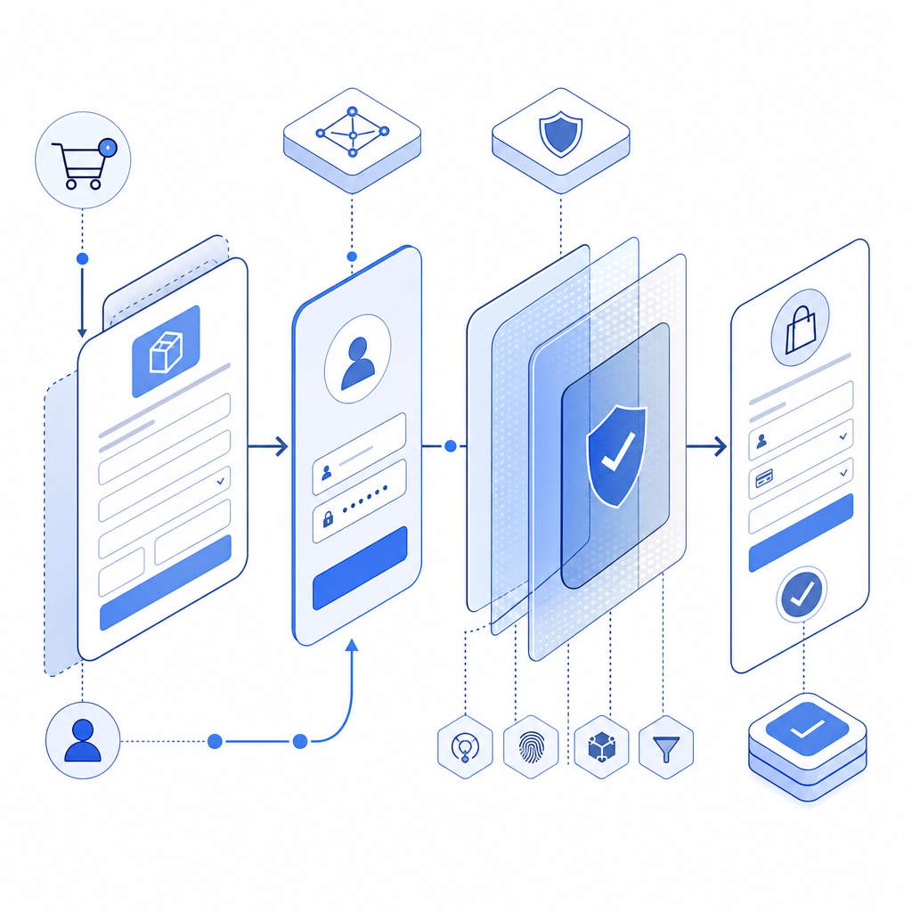 abstract flow diagram showing WooCommerce checkout, login, and form protection l