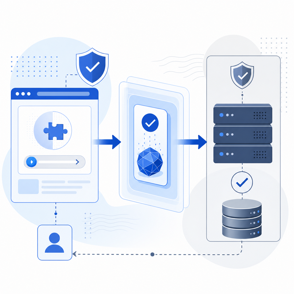 layered verification flow showing browser challenge, pass token, and backend val