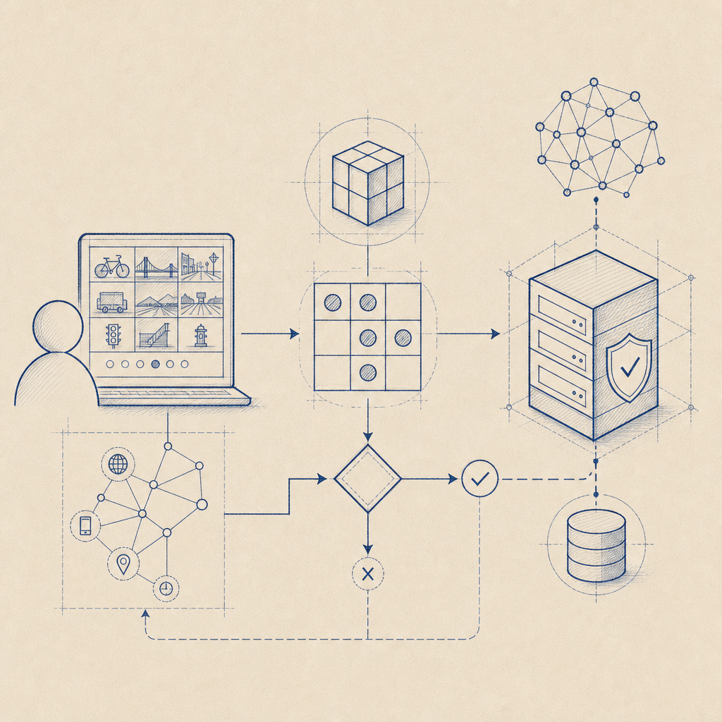 abstract diagram of CAPTCHAs integrating user verification, risk signals, and se