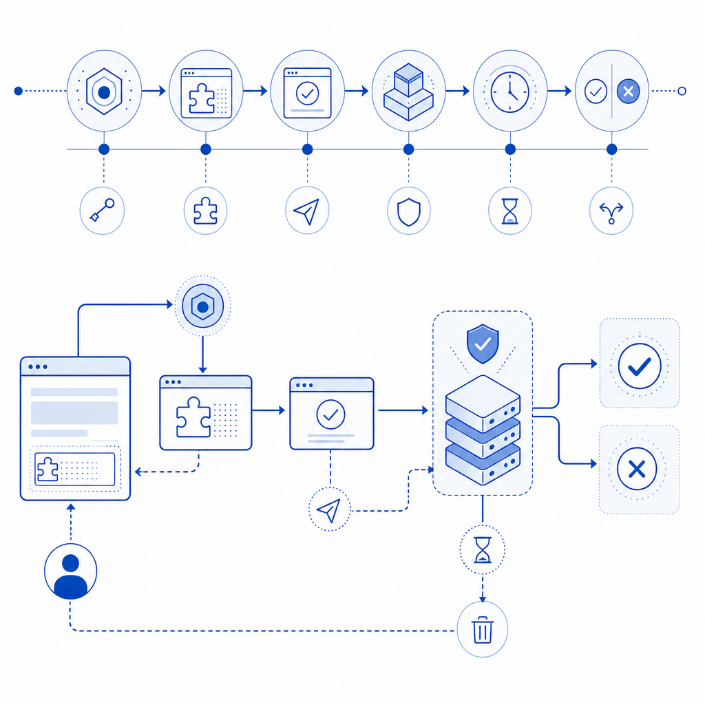 abstract diagram of CAPTCHA token lifecycle and validation process