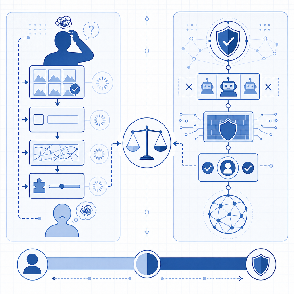 comparative illustration of CAPTCHA UX friction and security trade-offs