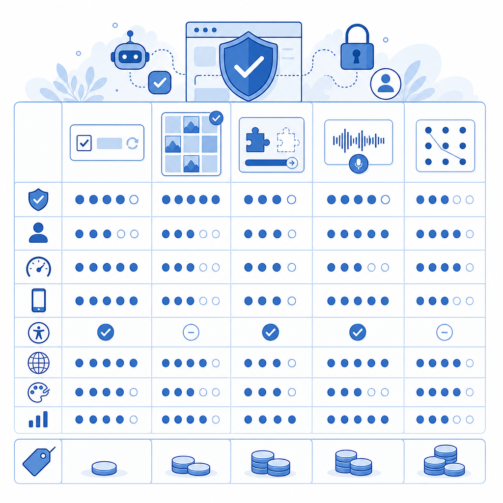 comparison diagram of CAPTCHA libraries with their features and pricing