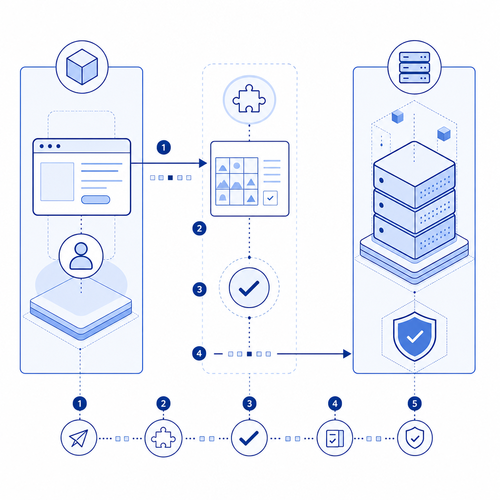 abstract illustration of CAPTCHA integration flow with client and server steps