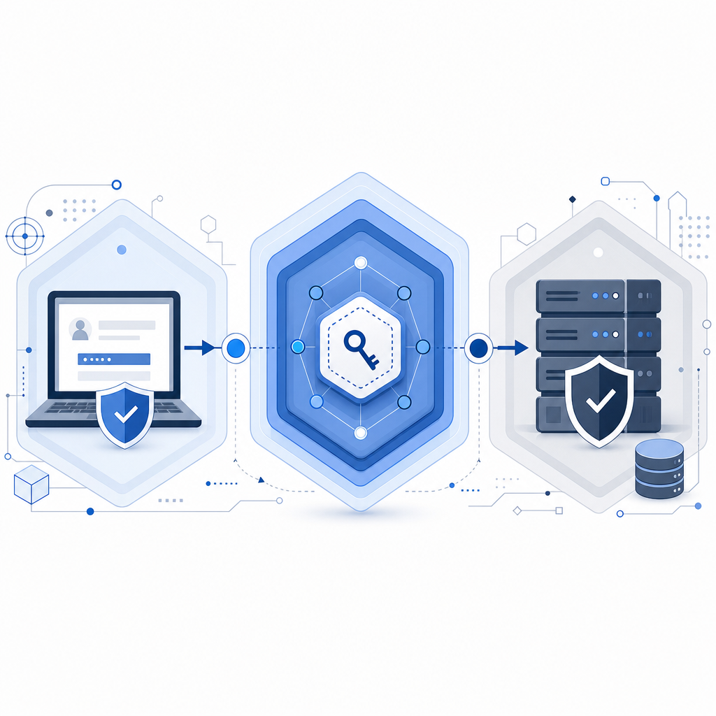 layered defense diagram with client challenge, token issuance, and server valida
