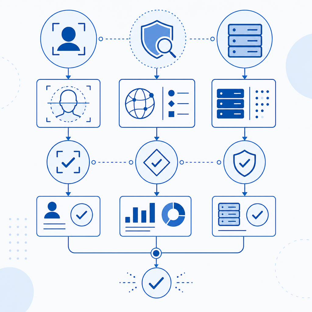 abstract flow chart comparing human verification, risk checks, and server valida