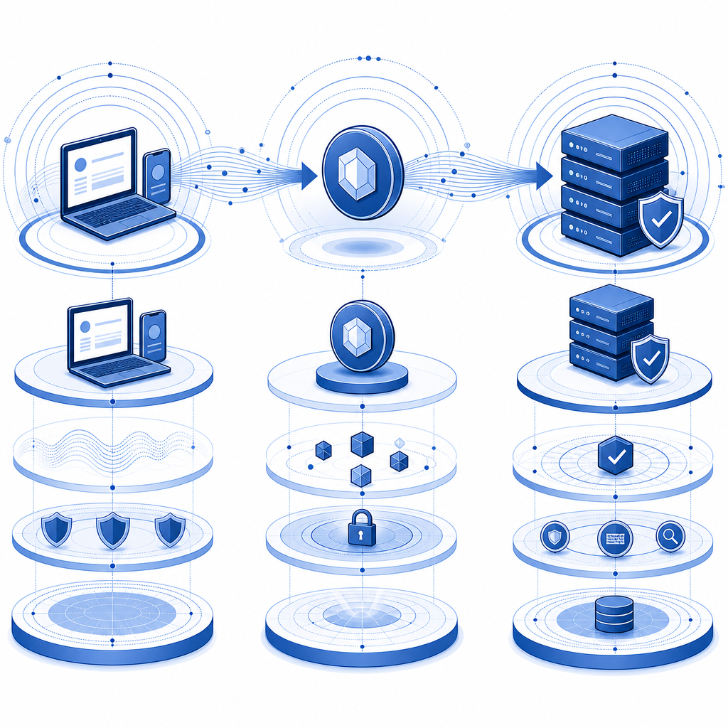 layered defense diagram showing client signal, token issuance, and server valida