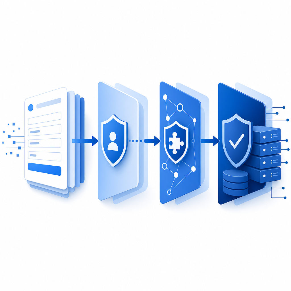 layered defense flow from form submission to challenge to server validation