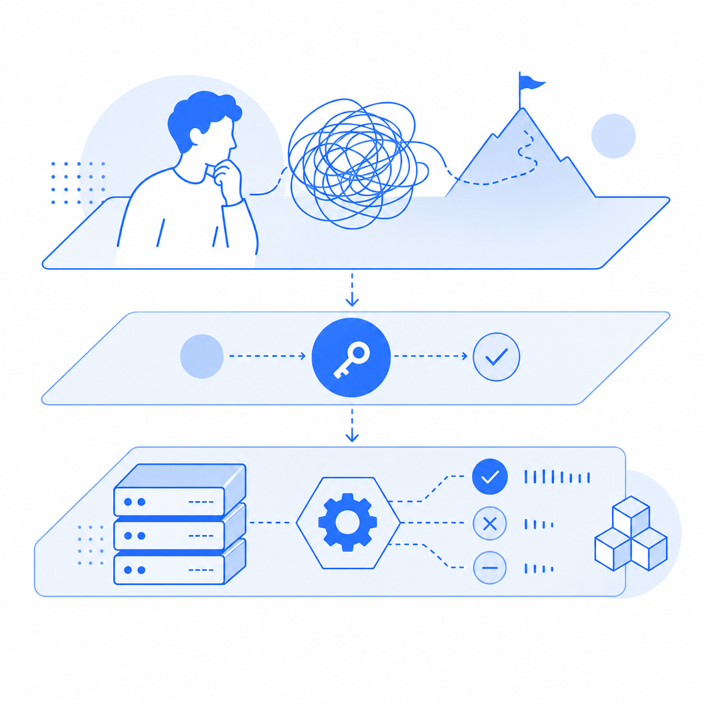 abstract layered stack showing client challenge, token exchange, and server-side
