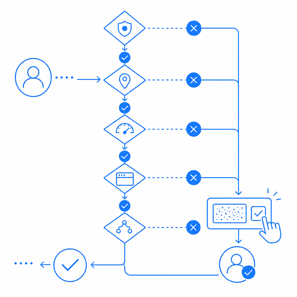 abstract flowchart showing CAPTCHA decision criteria and user interaction