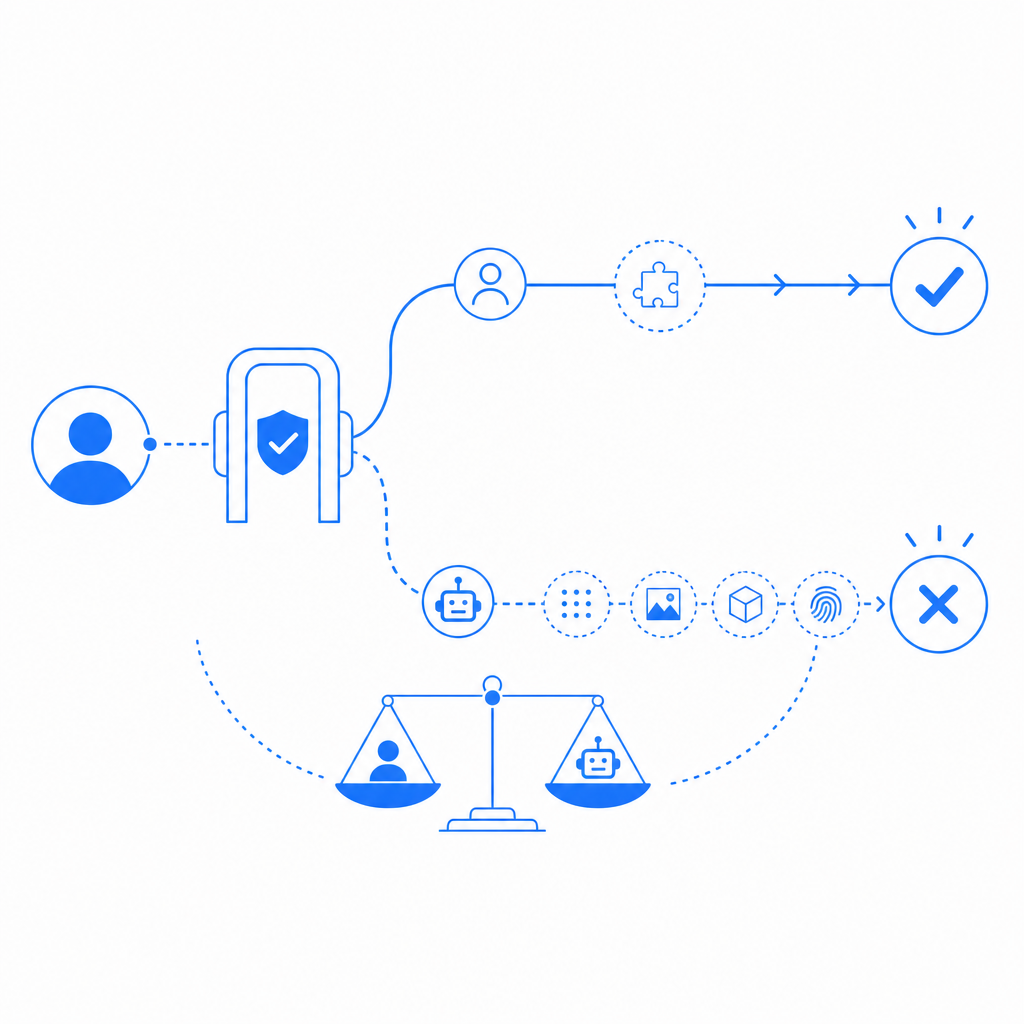 concept diagram illustrating CAPTCHA user flow balancing ease and bot challenges