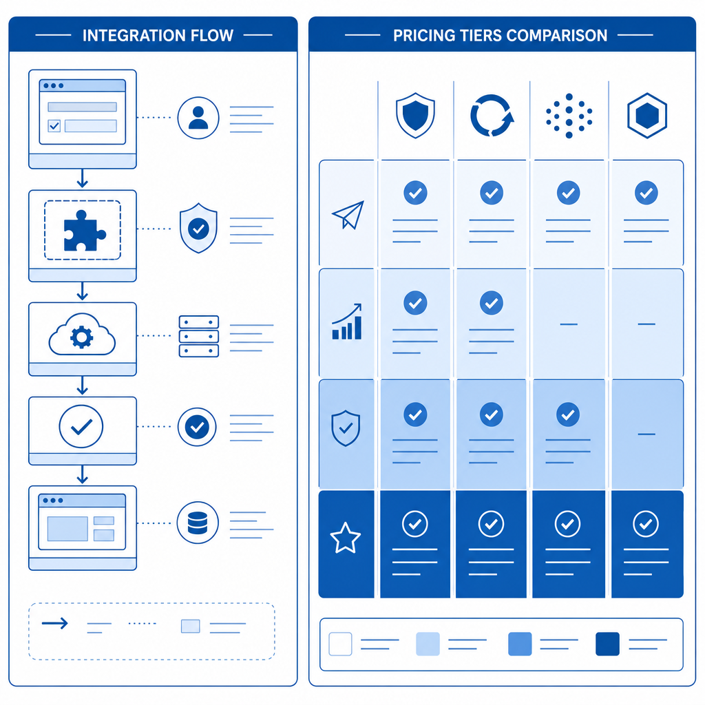 side-by-side schematic comparing integration flow and pricing tiers of multiple 