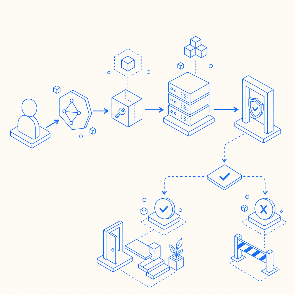 abstract flow of user challenge, token issuance, server validation, and allow/de