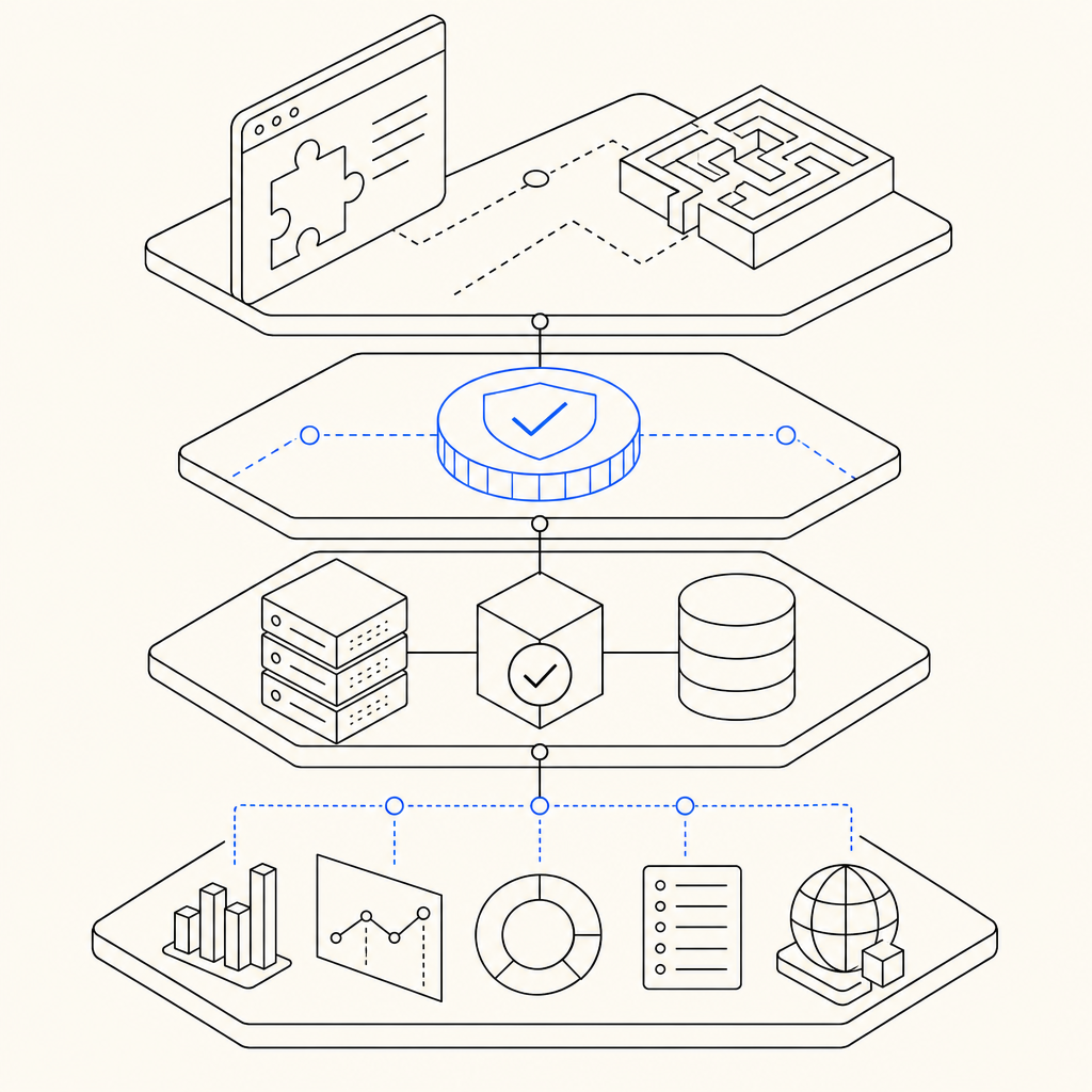 abstract layered diagram showing client challenge, token, backend validation, an