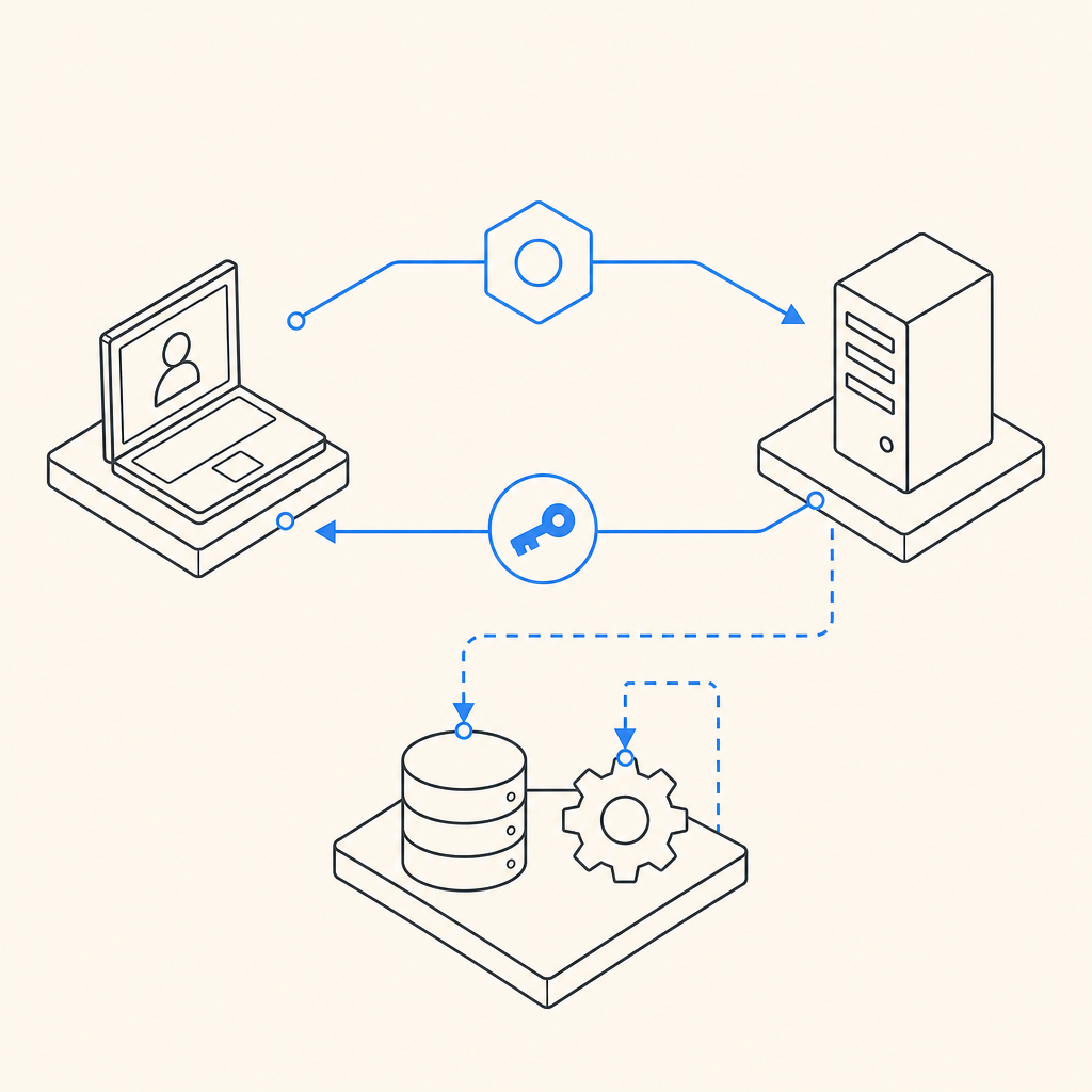 abstract client-server flow showing challenge issue, token return, and backend v