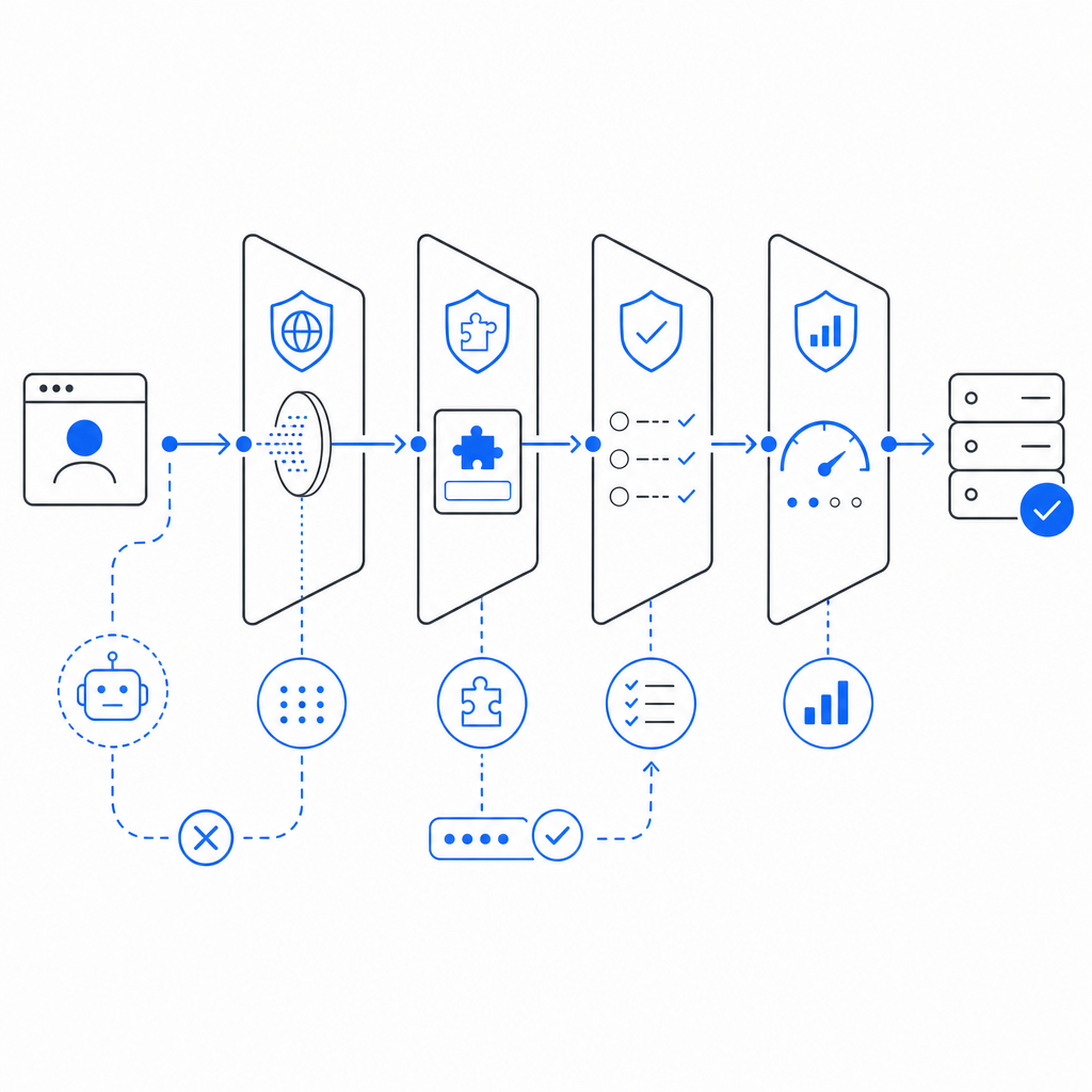 abstract diagram of layered bot defense with client challenges and server valida