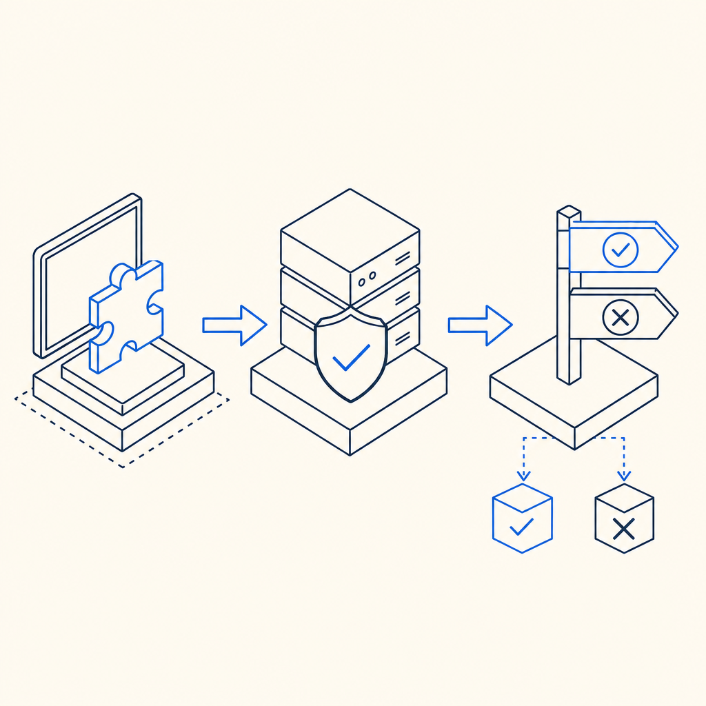 simple flow diagram showing client challenge, server validation, and request dec
