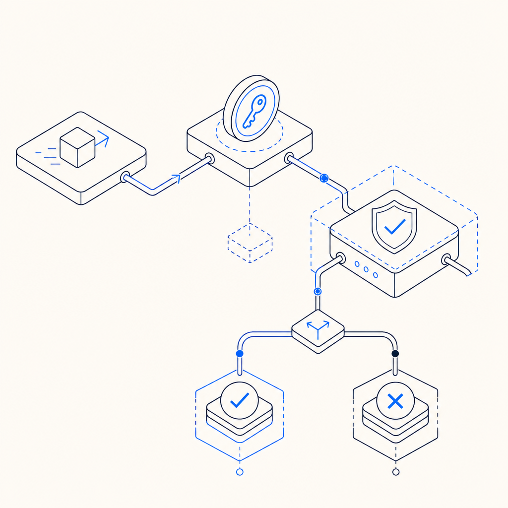 abstract layered security diagram with request, token, verification, and allow/r