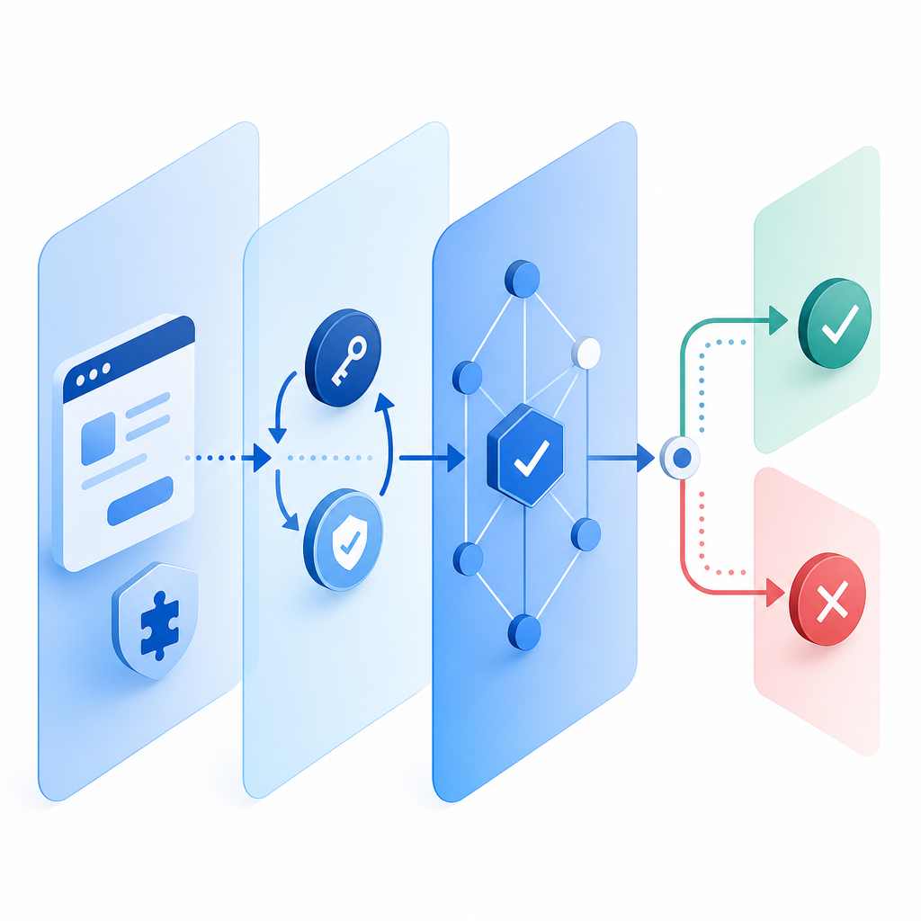 abstract layered diagram of frontend challenge, token exchange, backend validati