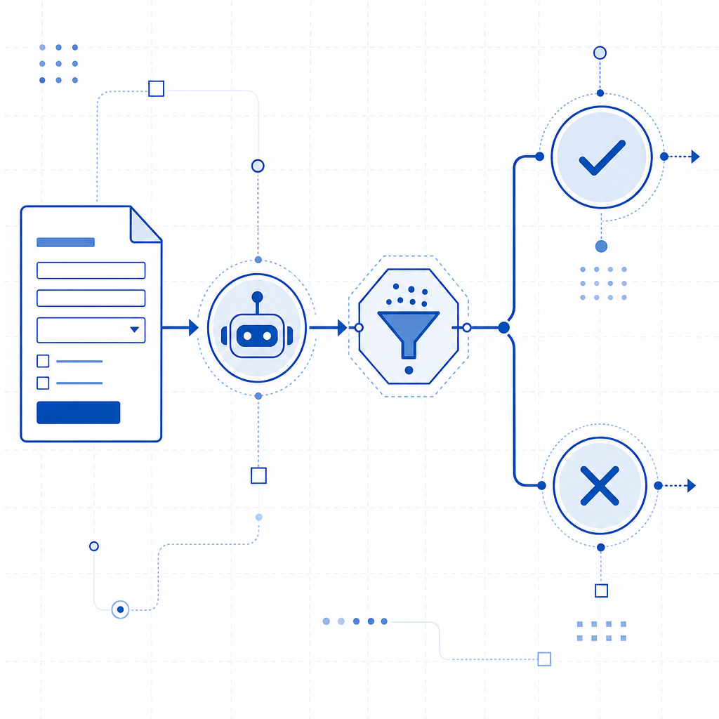 abstract flow of a form, bot signal, validation gate, and pass/fail paths