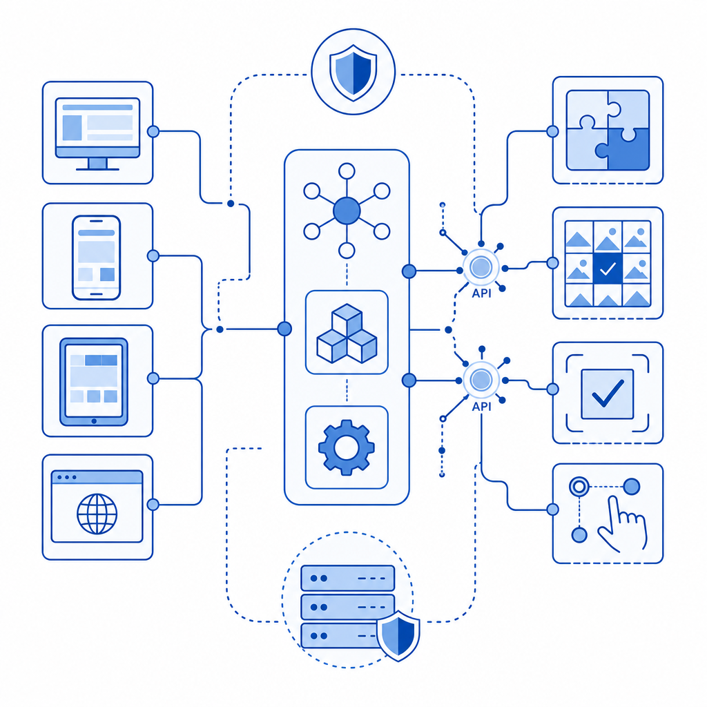 abstract representation of multi-platform software integration with CAPTCHA serv