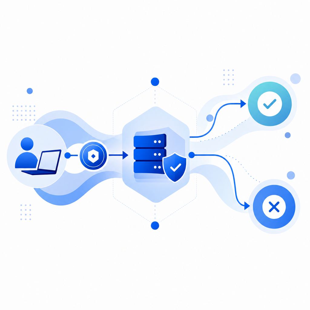 abstract flow diagram of client token issuance, server validation, and decision 