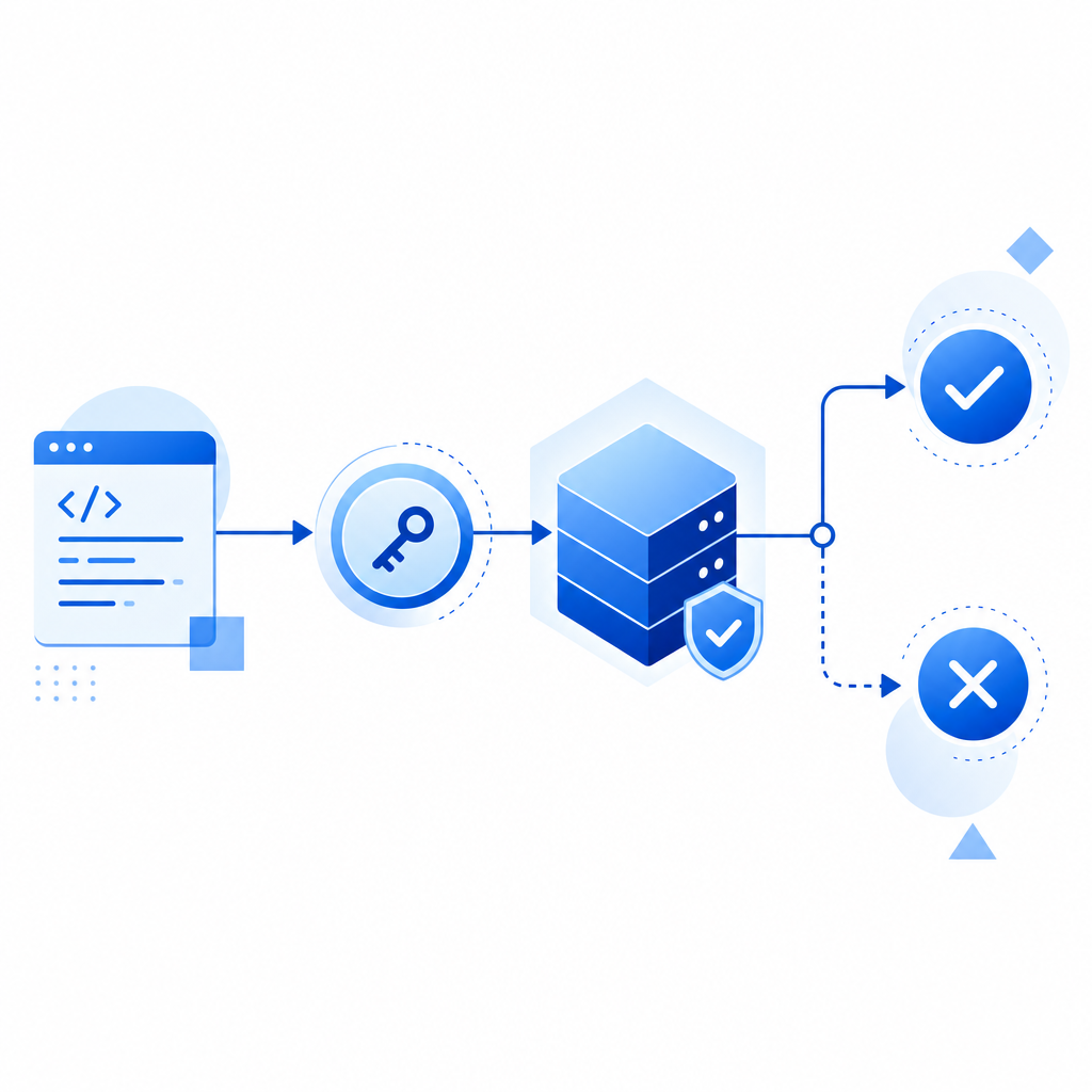 abstract sequence diagram showing client script, token, backend validation, and 