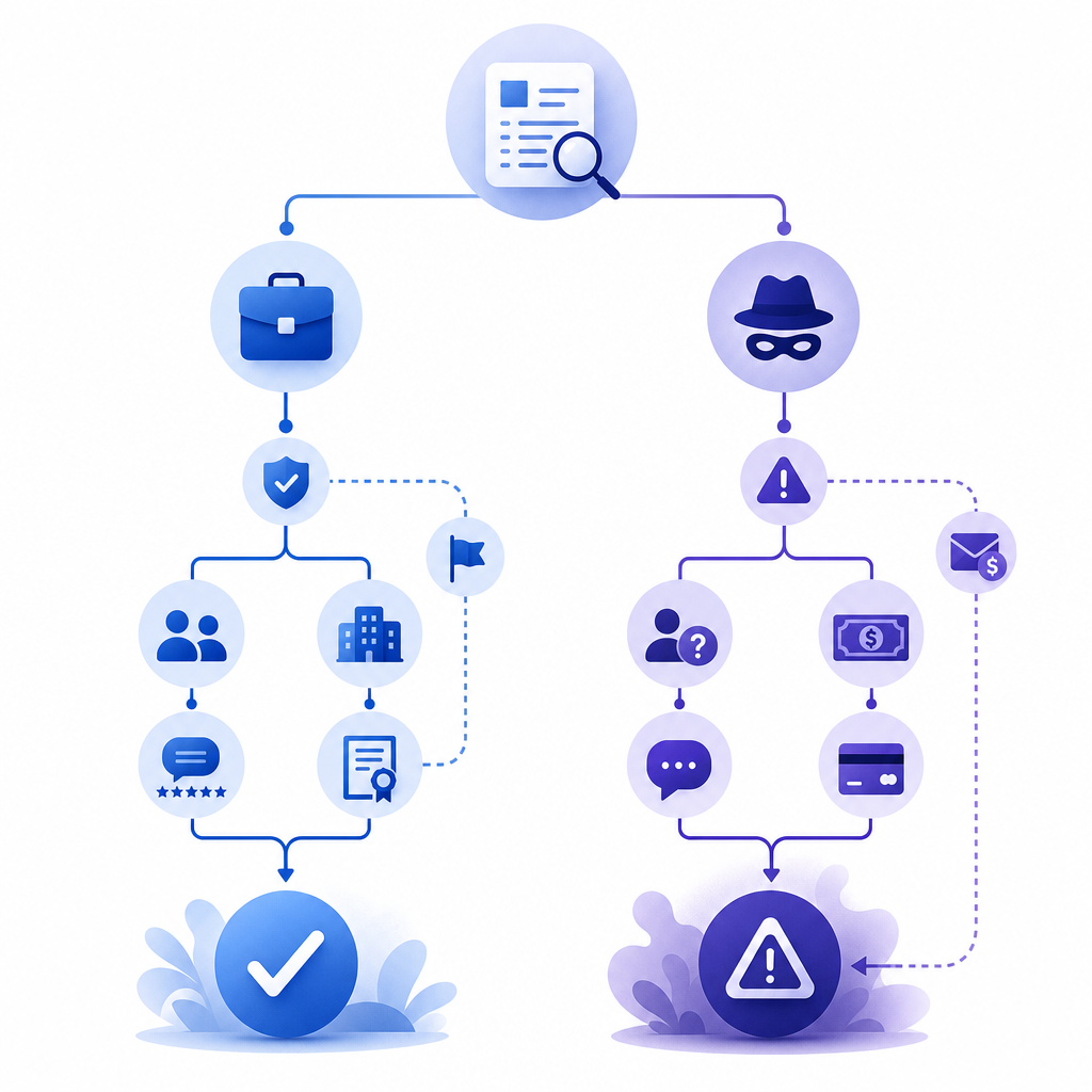 simple flowchart of legit work vs scam listings, with warning branches