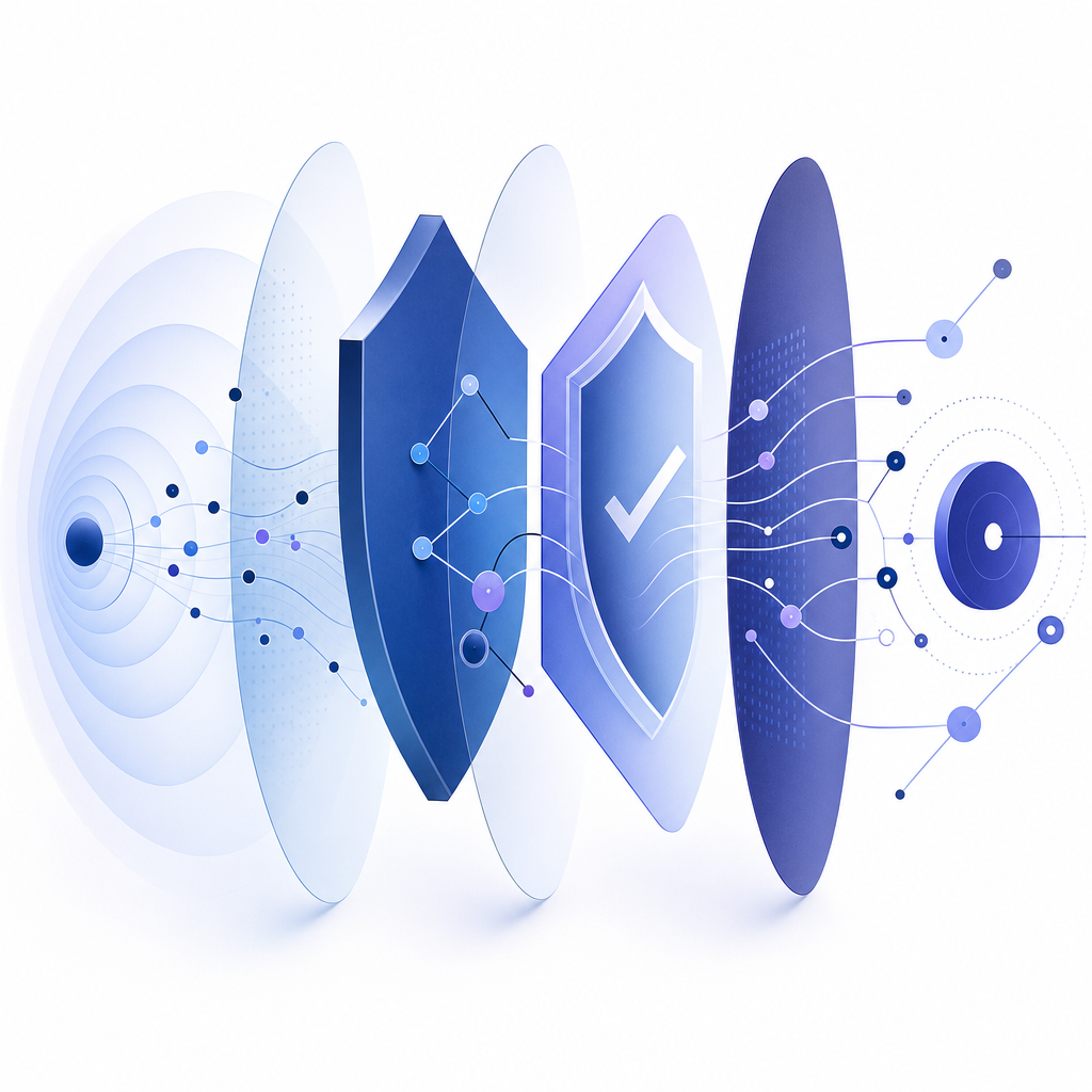 abstract layered defense diagram with signal, challenge, validation, and logging