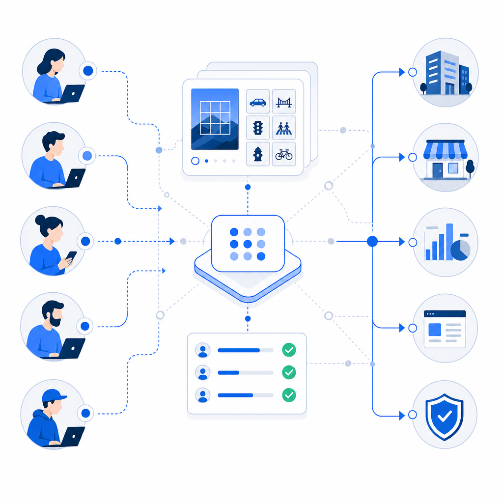 abstract diagram of captcha job platforms connecting workers and clients