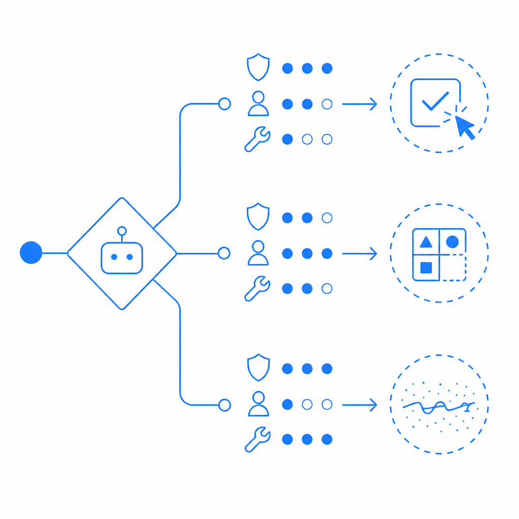 abstract decision tree comparing captcha options by trust, UX, and maintenance