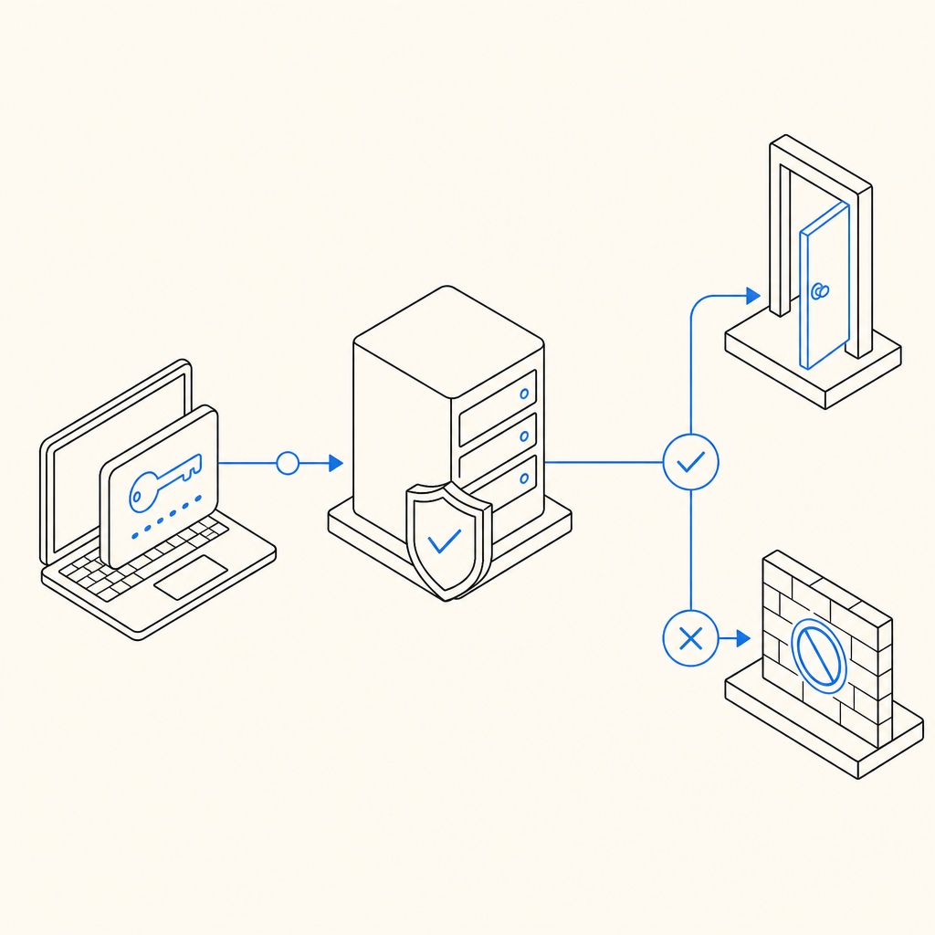 abstract flow diagram showing client token, server validation, allow/deny paths