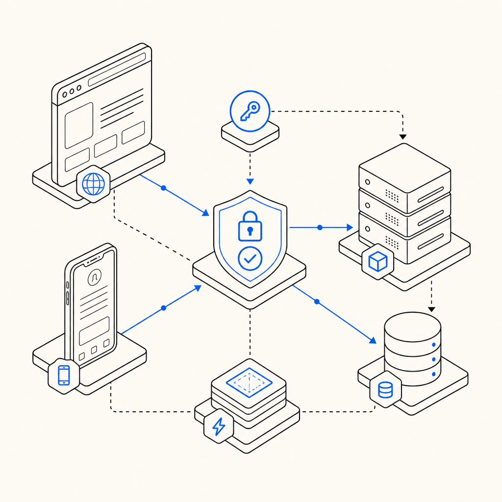 abstract layered diagram of web, mobile, and server nodes connected by token val