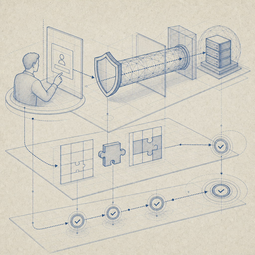 layered security diagram showing VPN, CAPTCHA, and user interaction