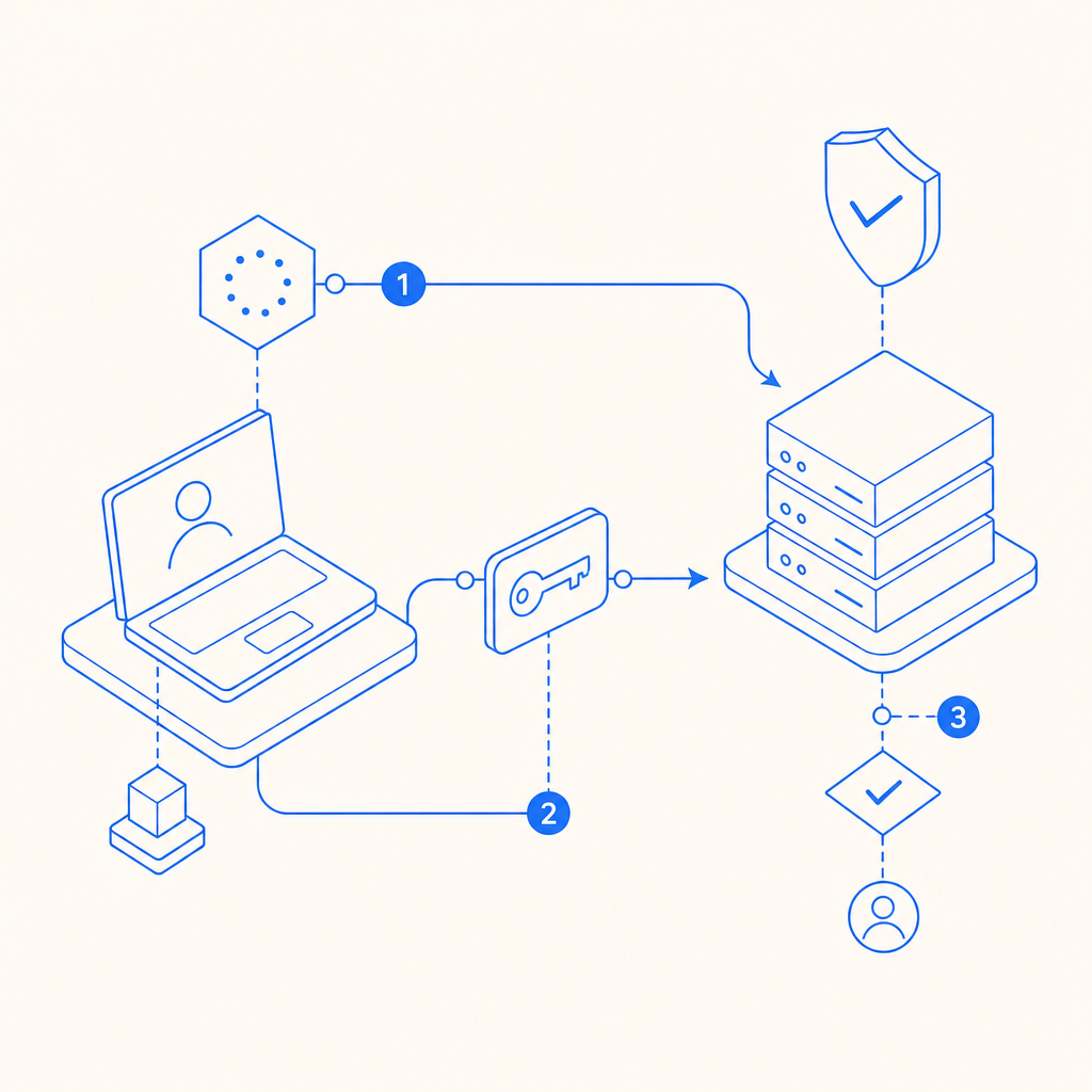 abstract flow diagram showing client challenge, pass token, and server validatio