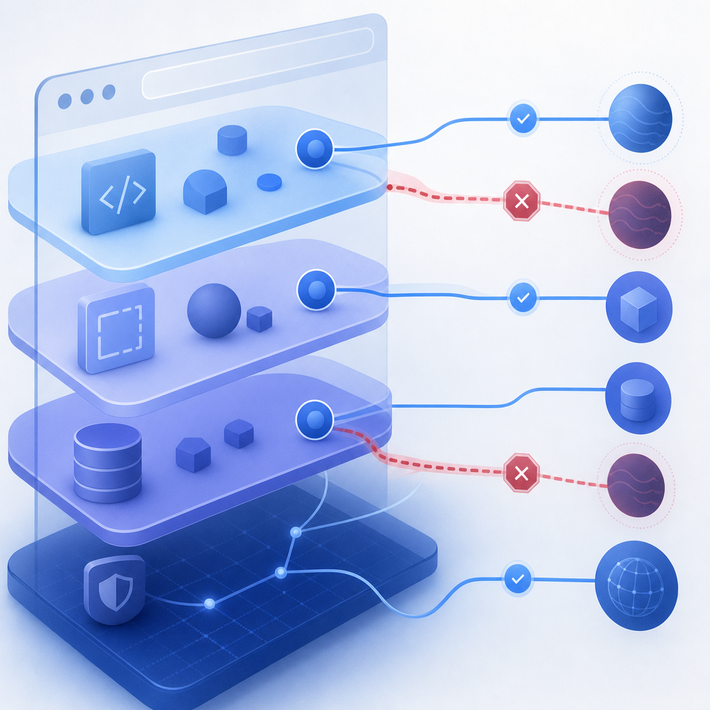 abstract browser network stack with blocked and allowed request paths, showing s