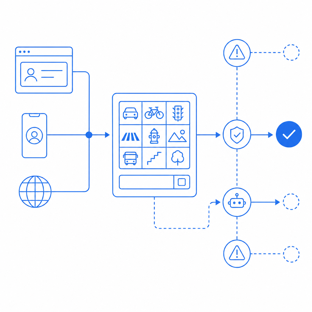 abstract diagram of captcha system inputs and failure points