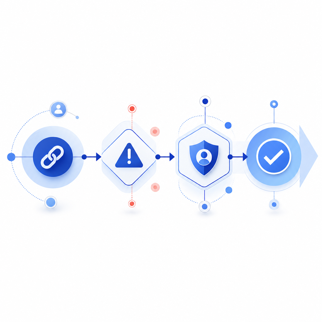 abstract flow of shared link → risk signals → verification → allowed action