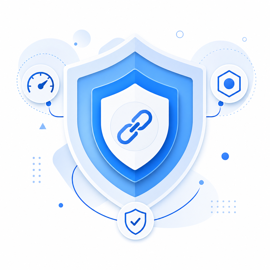 abstract layered shield around a shared link, with small nodes for rate-limit, t