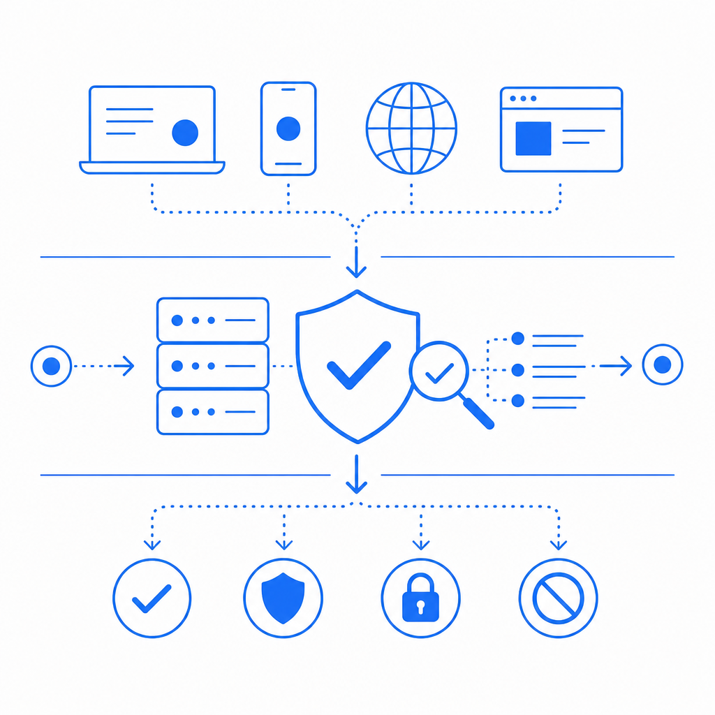 layered defense diagram with client signals, server validation, and policy outco