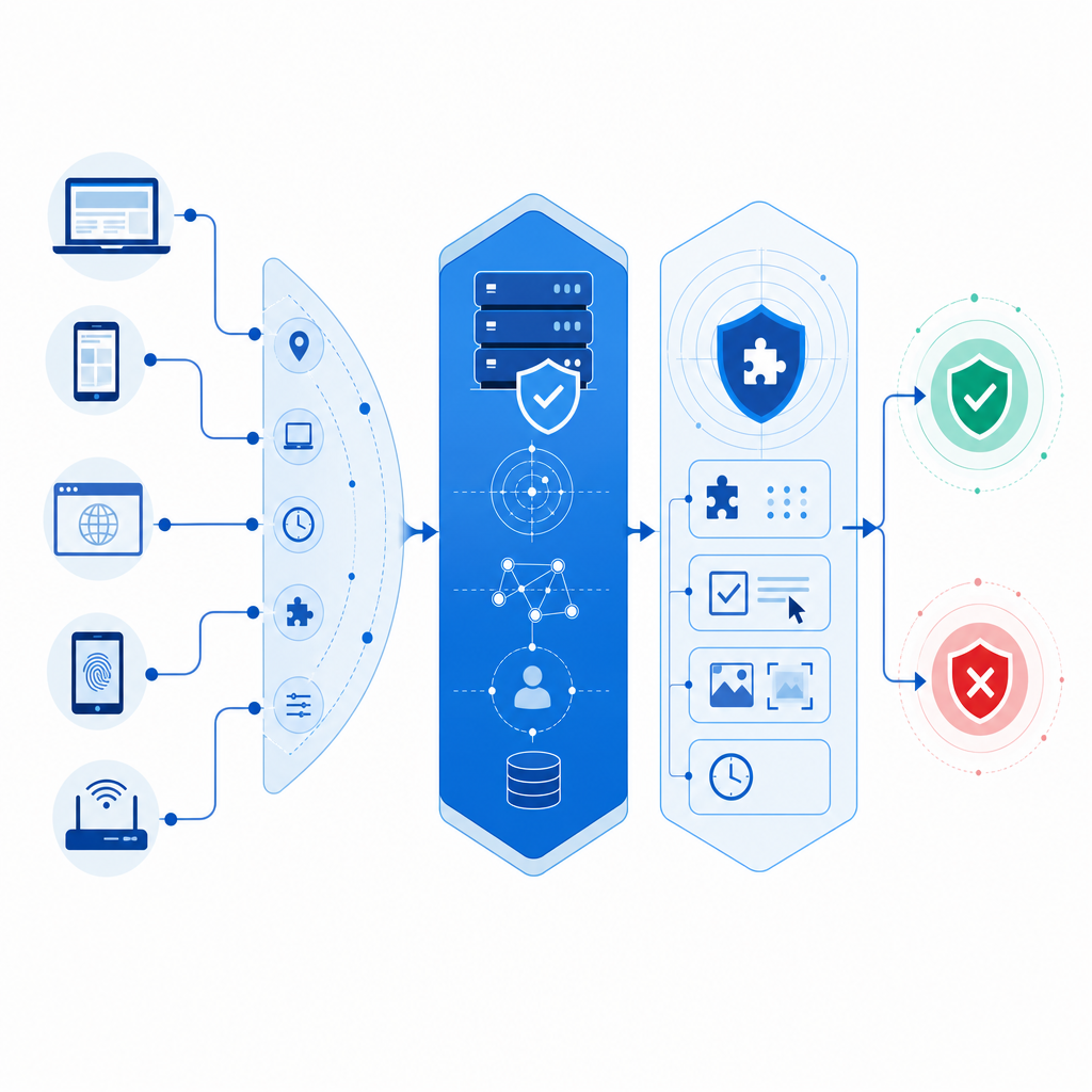 flowchart depicting multi-layered bot detection combining client signals, server