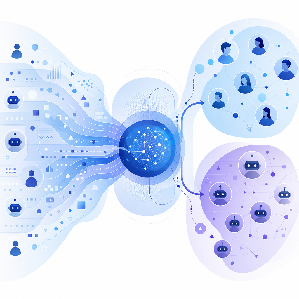 abstract diagram showing AI analyzing user behavior data to differentiate bots f