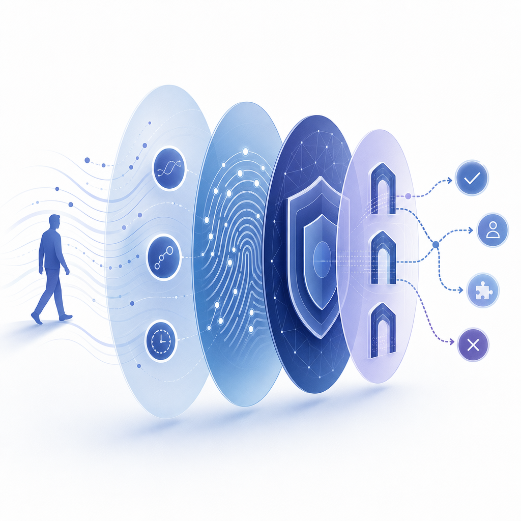 layered security model diagram showing behavioral analysis, fingerprinting, and 