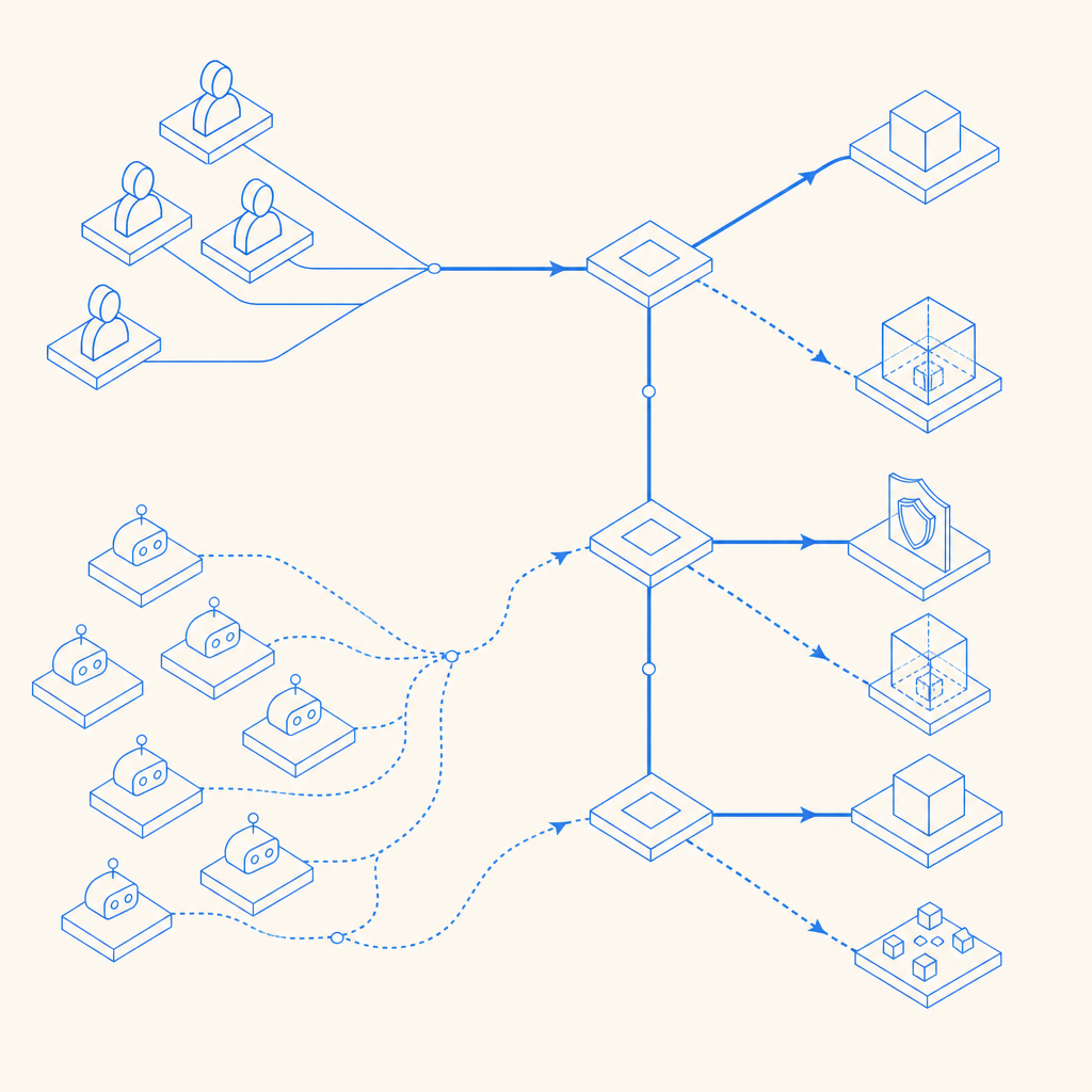 abstract network graph showing legitimate users, scripted traffic, and decision 