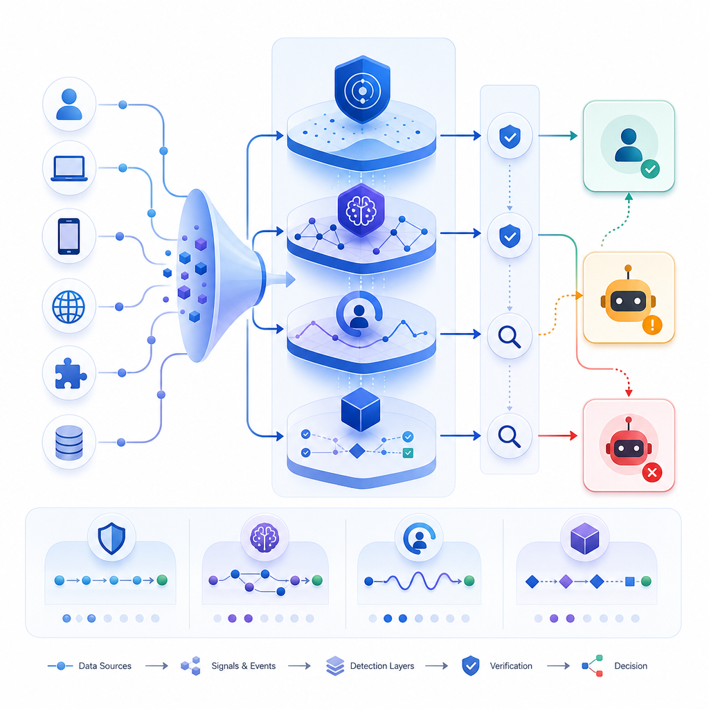 diagram comparing bot detection approaches and data flow