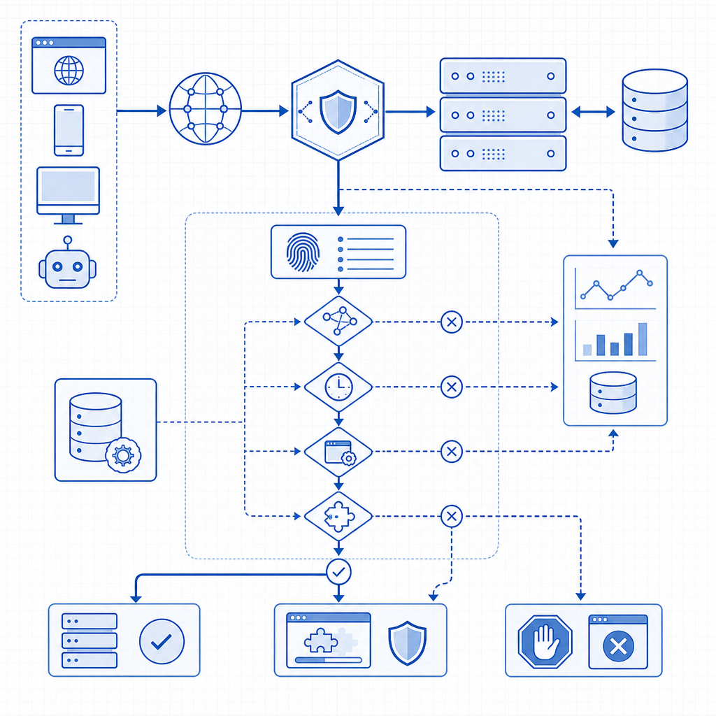 diagram showing API request flow and bot detection logic