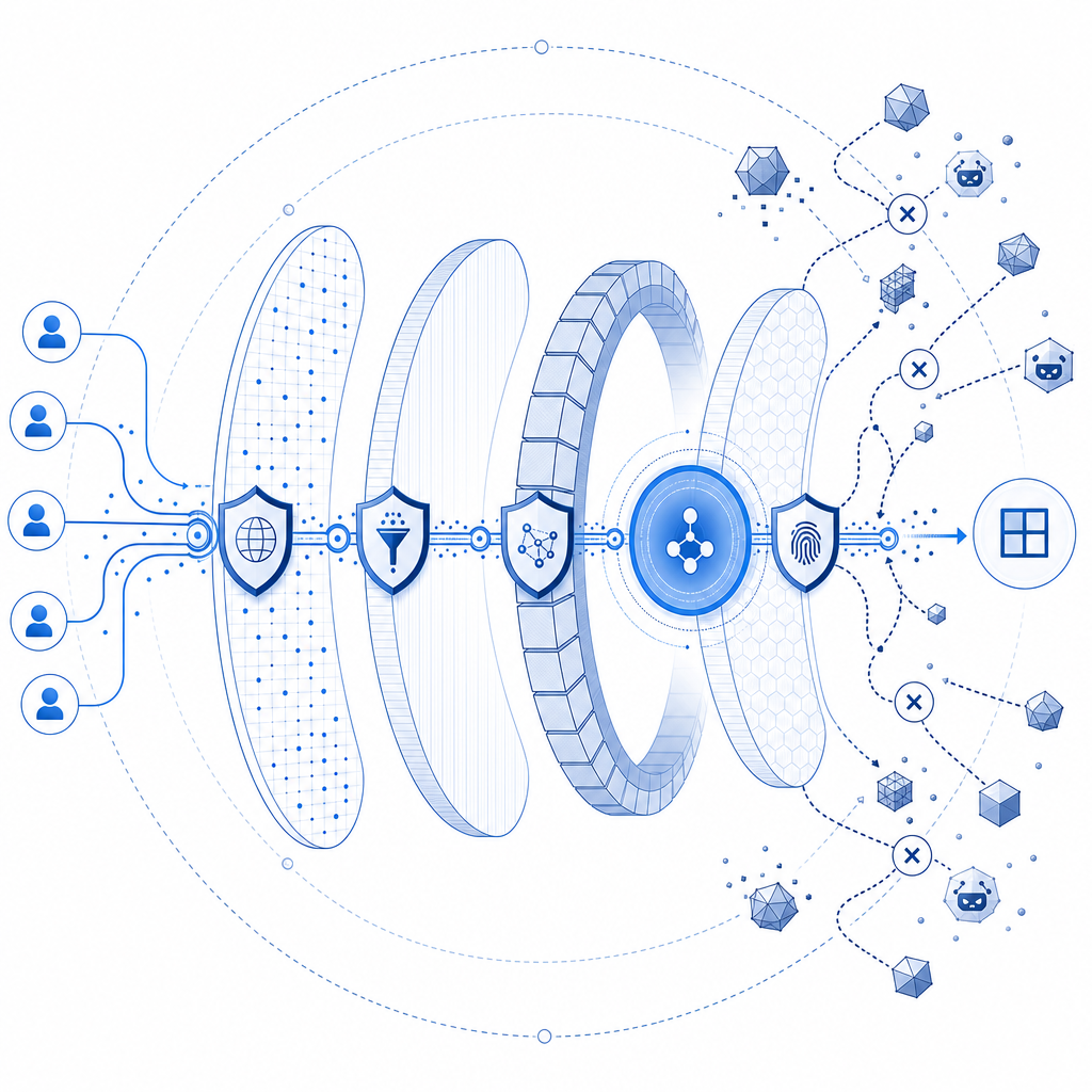 abstract concept of layered security and bot defense architecture