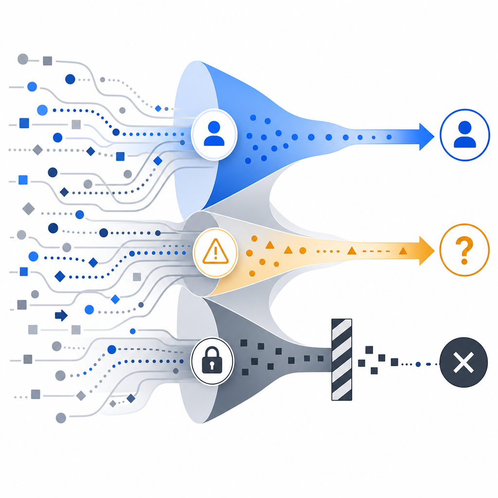 layered traffic funnel showing human, suspicious, and blocked paths