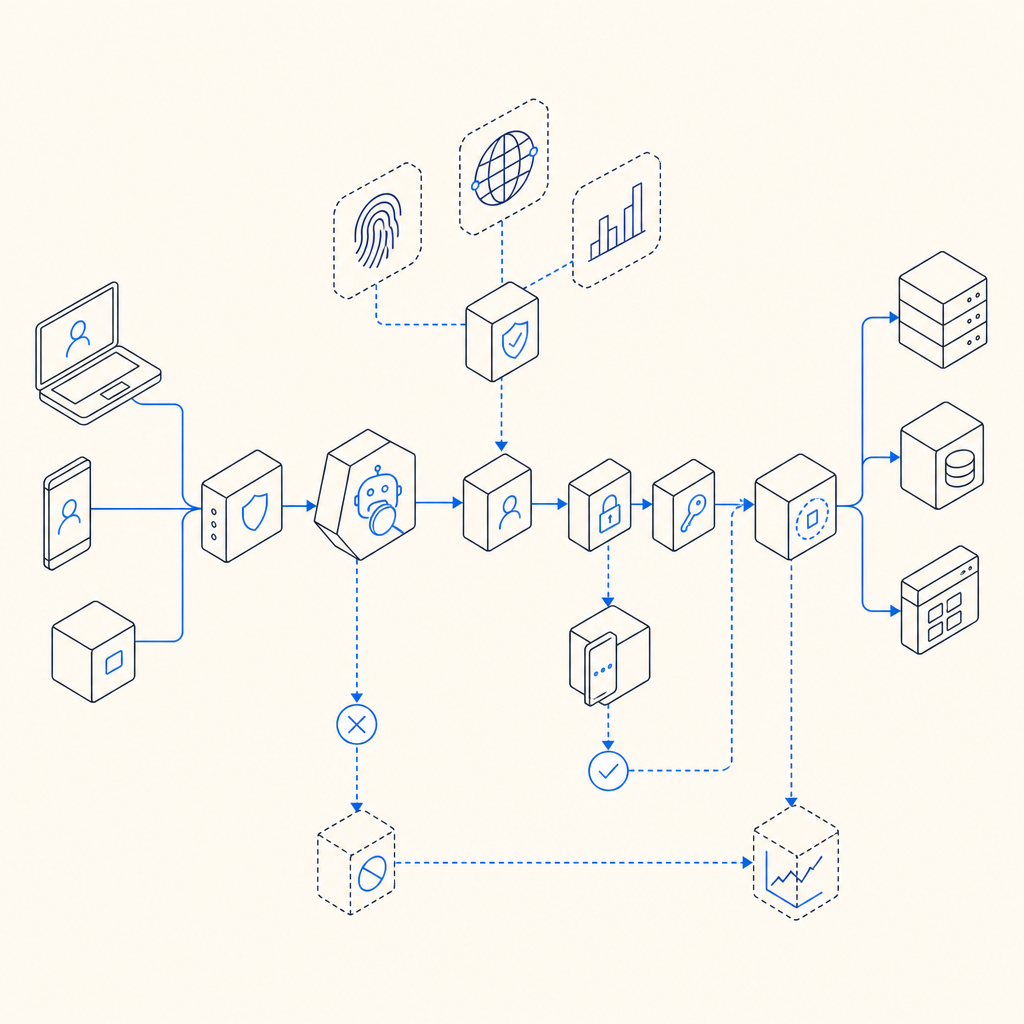 abstract diagram showing Auth0 authentication pipeline with integrated bot detec